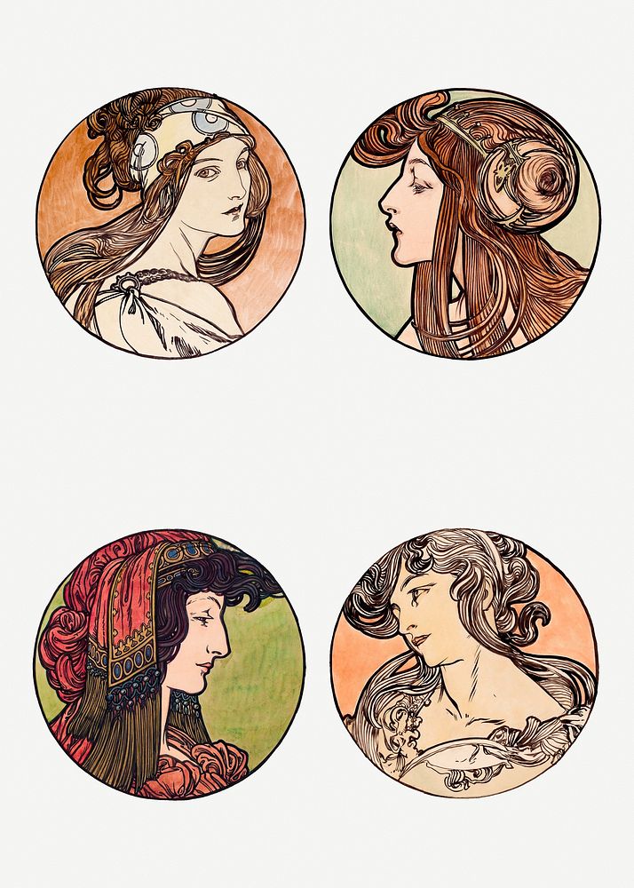 Lady art nouveau illustration psd set, remixed from the artworks of Alphonse Maria Mucha