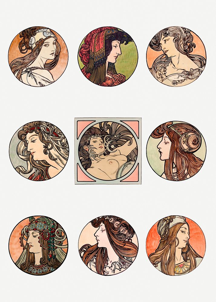 Art nouveau woman illustration psd set, remixed from the artworks of Alphonse Maria Mucha