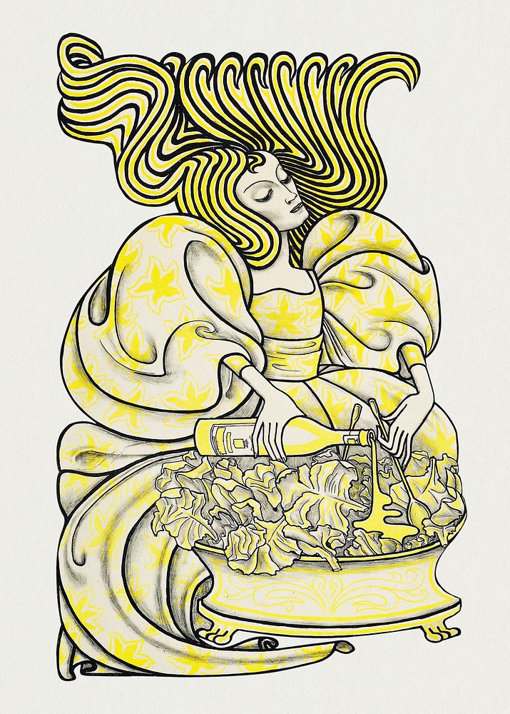 Vintage woman dressing salad, remixed from the artworks of Jan Toorop.