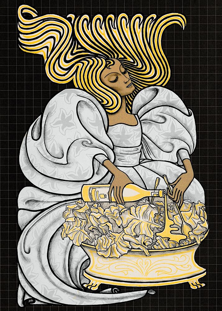 Vintage woman dressing salad, remixed from the artworks of Jan Toorop.
