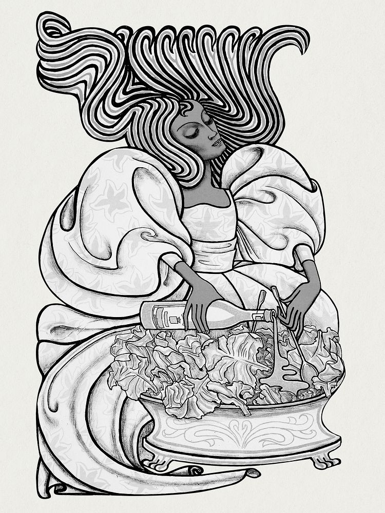 Psd vintage woman dressing salad, remixed from the artworks of Jan Toorop.