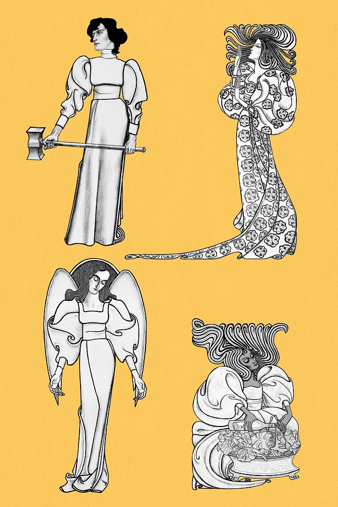Art nouveau women in different activities set, remixed from the artworks of Jan Toorop.