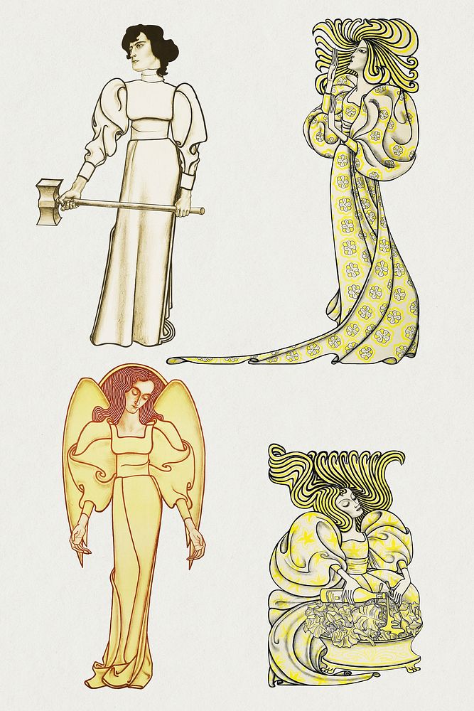 Art nouveau women in different activities set, remixed from the artworks of Jan Toorop.