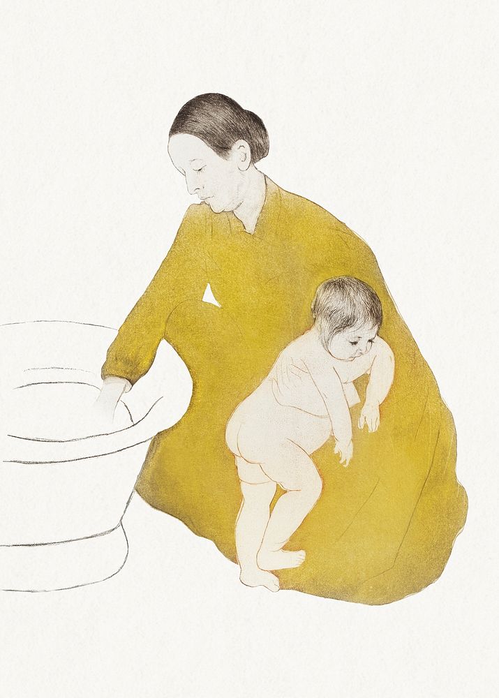 Vintage hand drawn mother showering her child illustration, remixed from the artworks of Mary Cassatt.