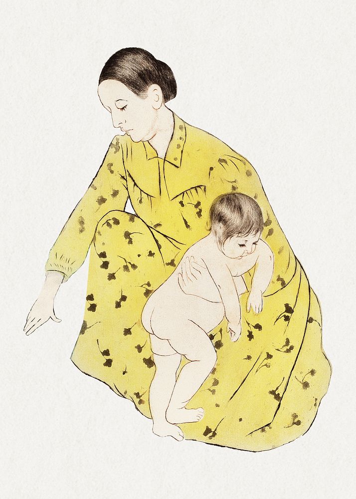 Vintage hand drawn mother showering her child illustration, remixed from the artworks of Mary Cassatt.