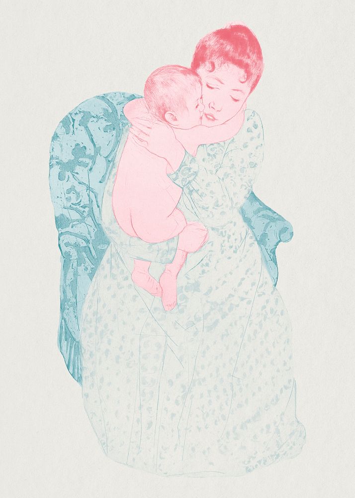 Vintage hand drawn mother embracing her little child illustration, remixed from the artworks of Mary Cassatt.