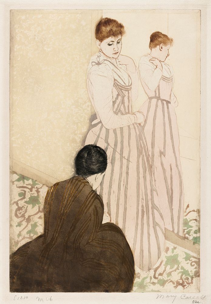 The Fitting (1890&ndash;91) by Mary Cassatt. Original woman portrait painting from The Art Institute of Chicago. Digitally…