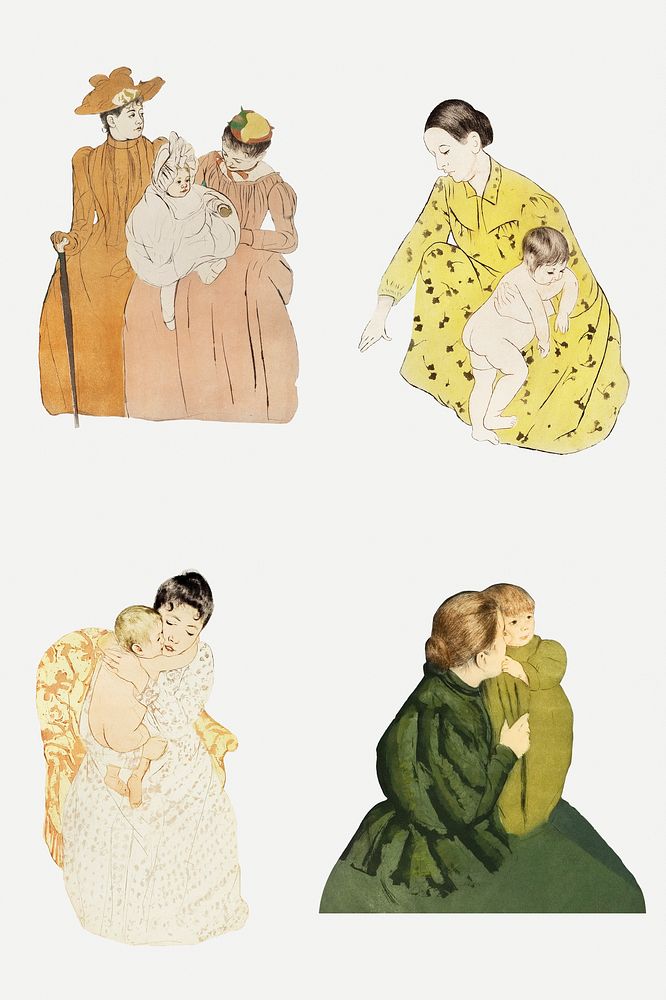 Vintage hand drawn mother and her child illustration set, remixed from the artworks of Mary Cassatt.