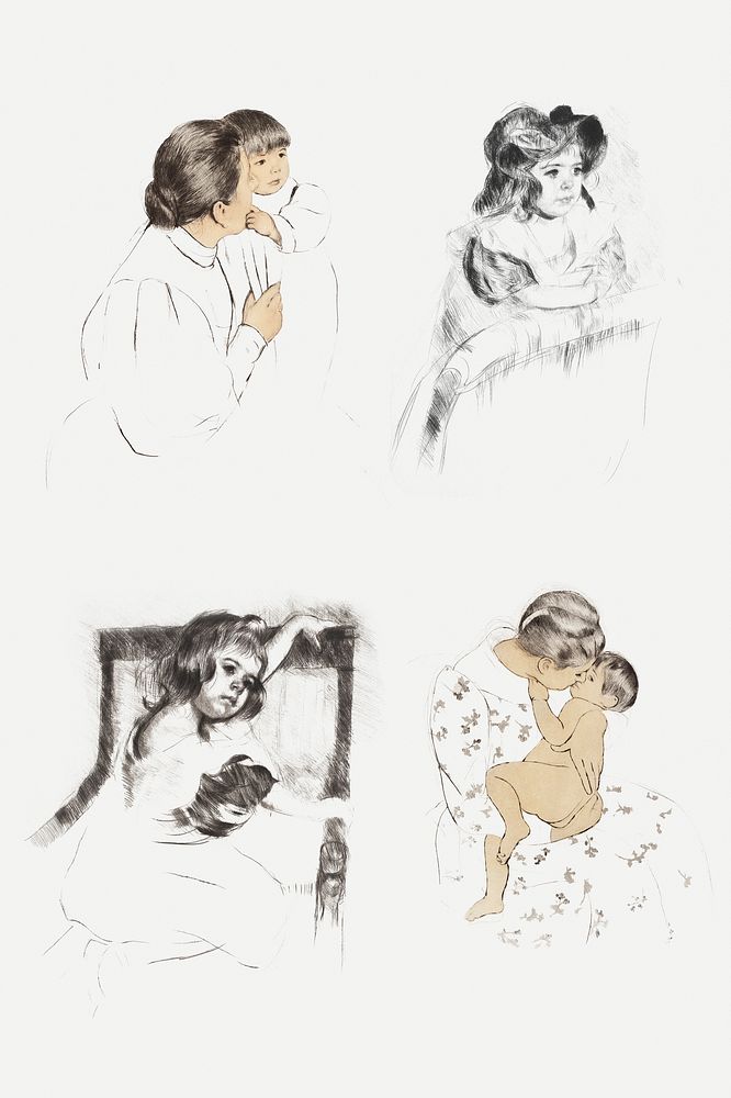 Vintage hand drawn mother and her child illustration set, remixed from the artworks of Mary Cassatt.