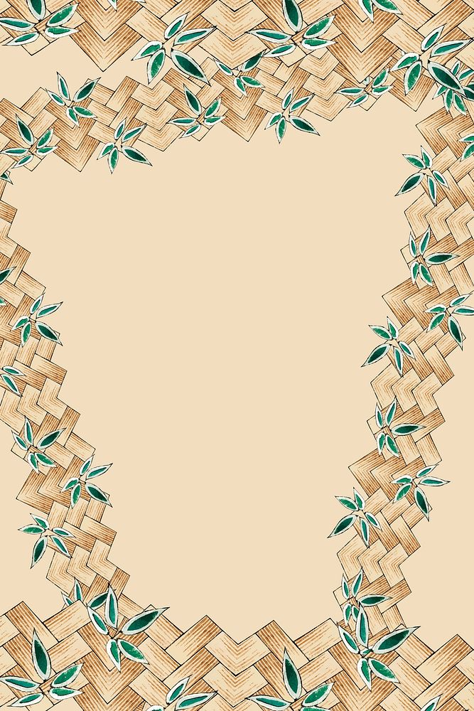 Japanese vector bamboo weave with leaf pattern frame, remix of artwork by Watanabe Seitei