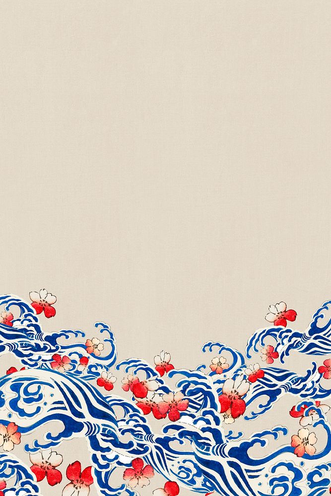 Vintage Japanese wave with sakura border , remix of artwork by Watanabe Seitei
