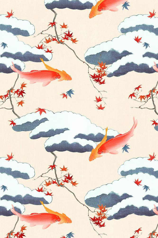 Vintage Japanese seamless pattern, remix of artwork by Watanabe Seitei