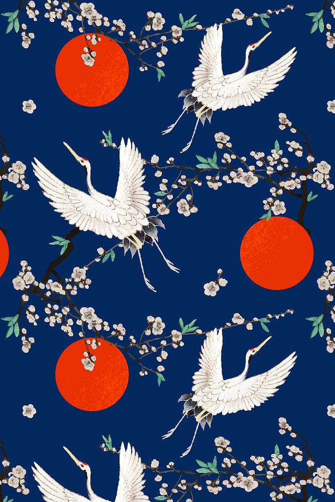 Traditional Japanese crane with plum blossom pattern vector, remix of artwork by Watanabe Seitei