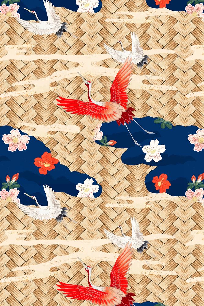 Traditional Japanese bamboo weave with crane pattern vector, remix of artwork by Watanabe Seitei