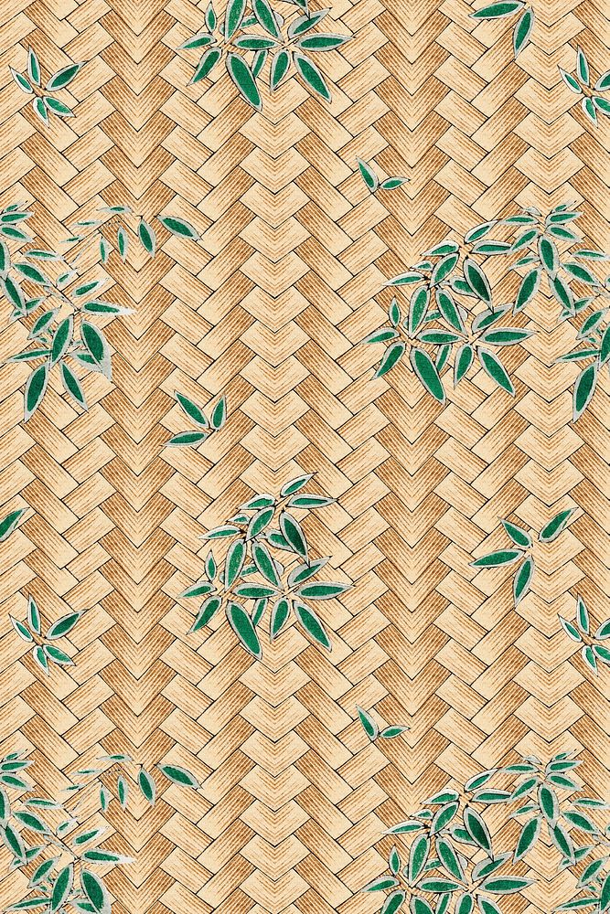 Traditional Japanese bamboo weave with leaves pattern, remix of artwork by Watanabe Seitei