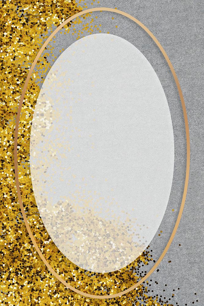 Gold shimmering oval frame design element on a gray background