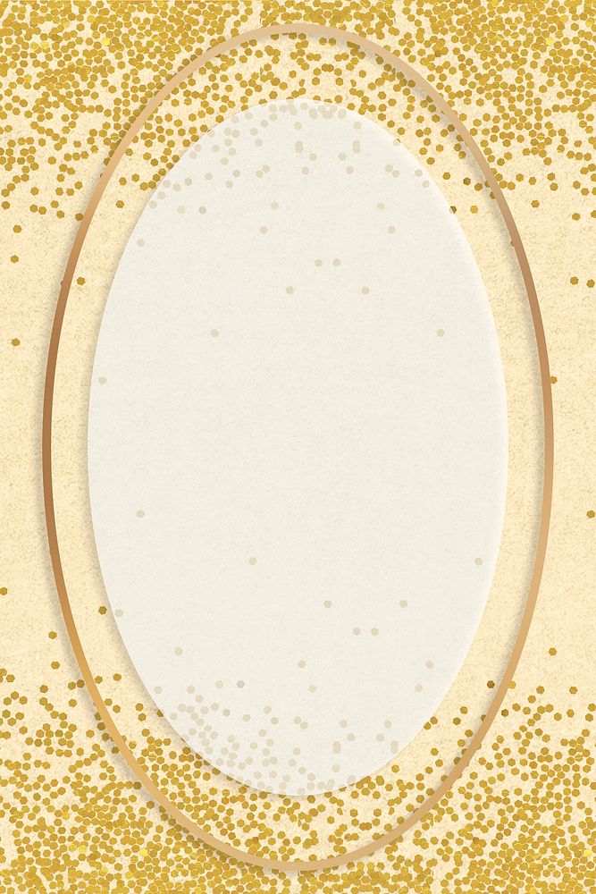 Gold shimmering oval frame design element  on a beige background