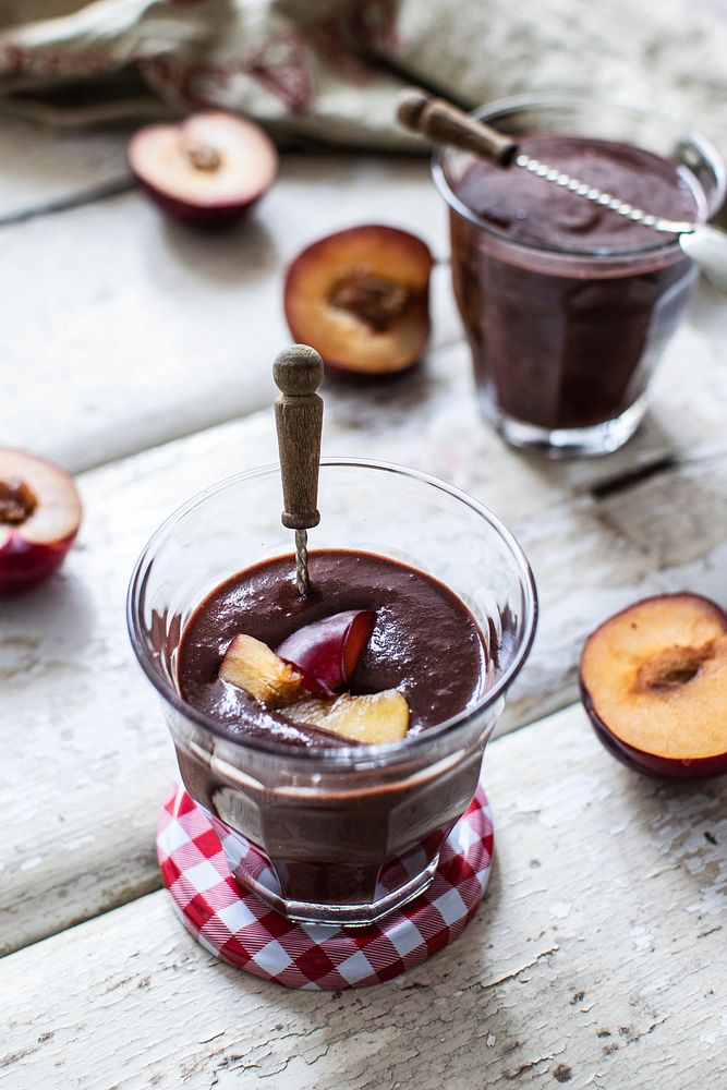 Homemade plum chocolate mousse with cocoa