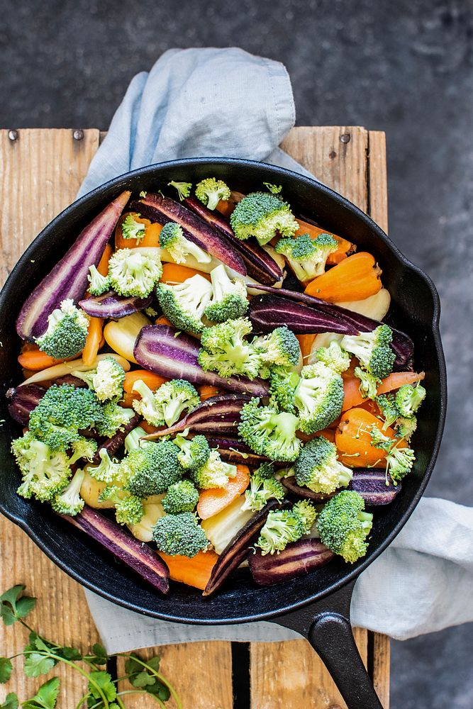 Homemade organic veggies frying in a pan