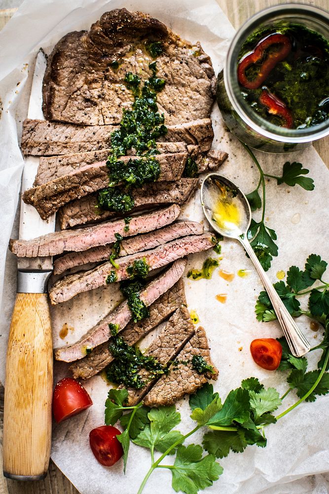 Homemade grilled beef steak with green pesto recipe