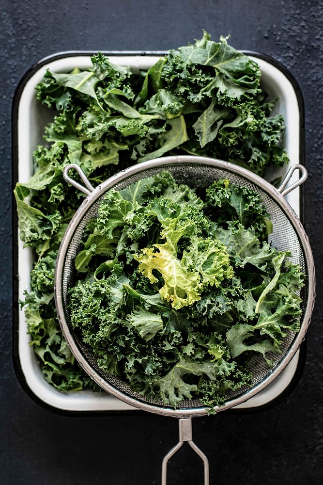 Fresh kale on a strainer food photography