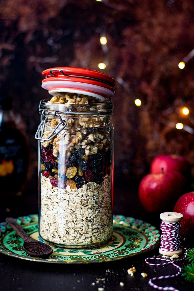 Oats and cranberries in a jar