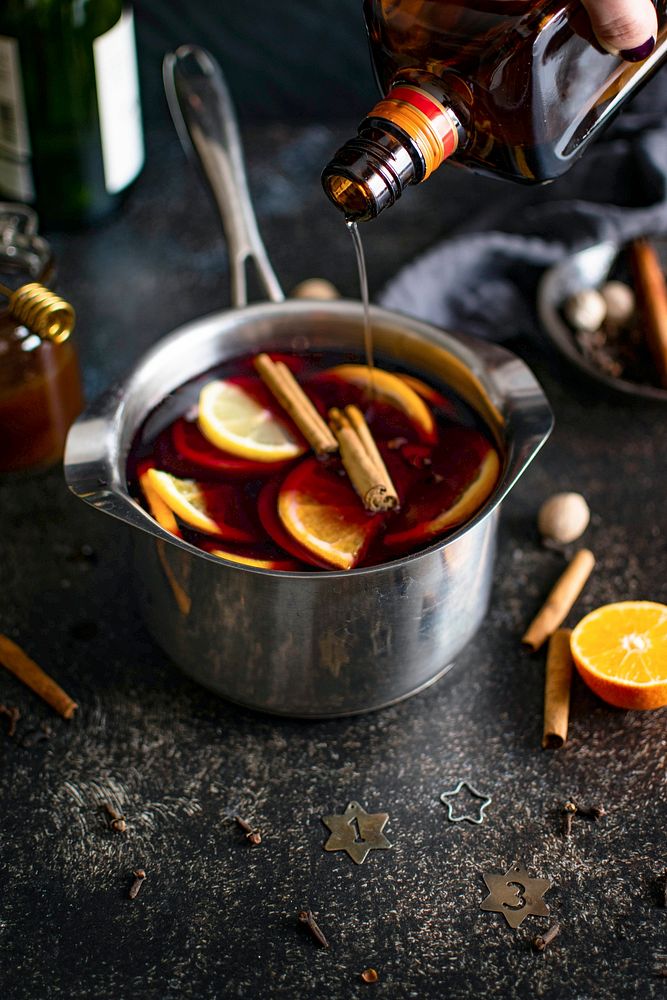 Festive holiday mulled wine in a pot