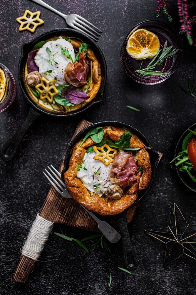 Dutch baby pancake with poached egg and prosciutto ham recipe