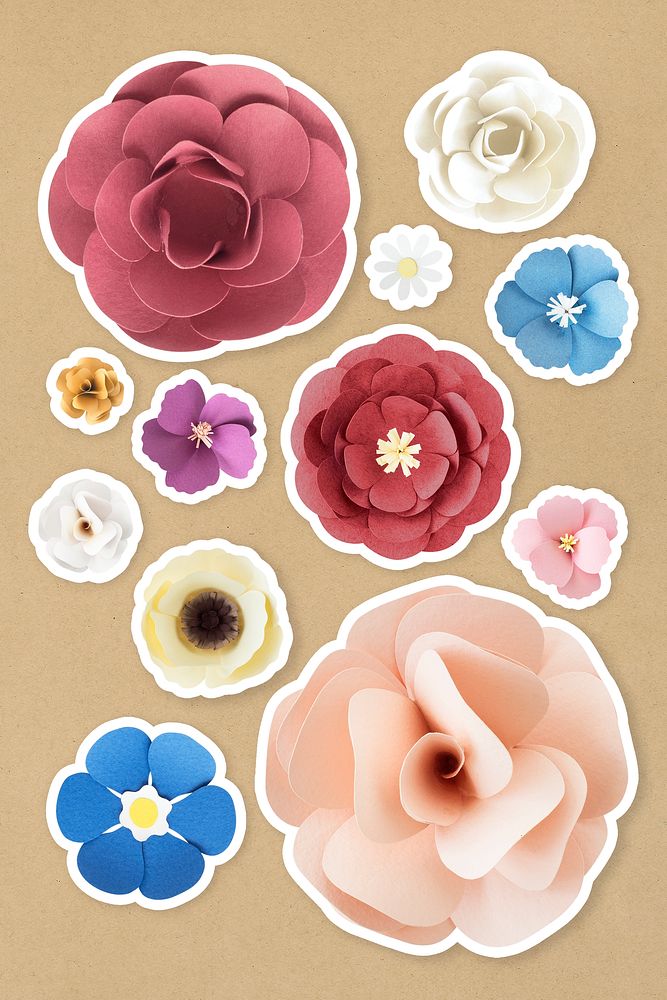 Tropical paper flower sticker psd set