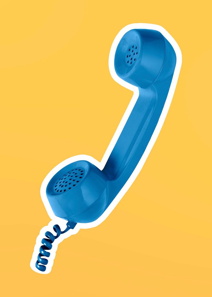 Retro blue corded phone sticker on a yellow background