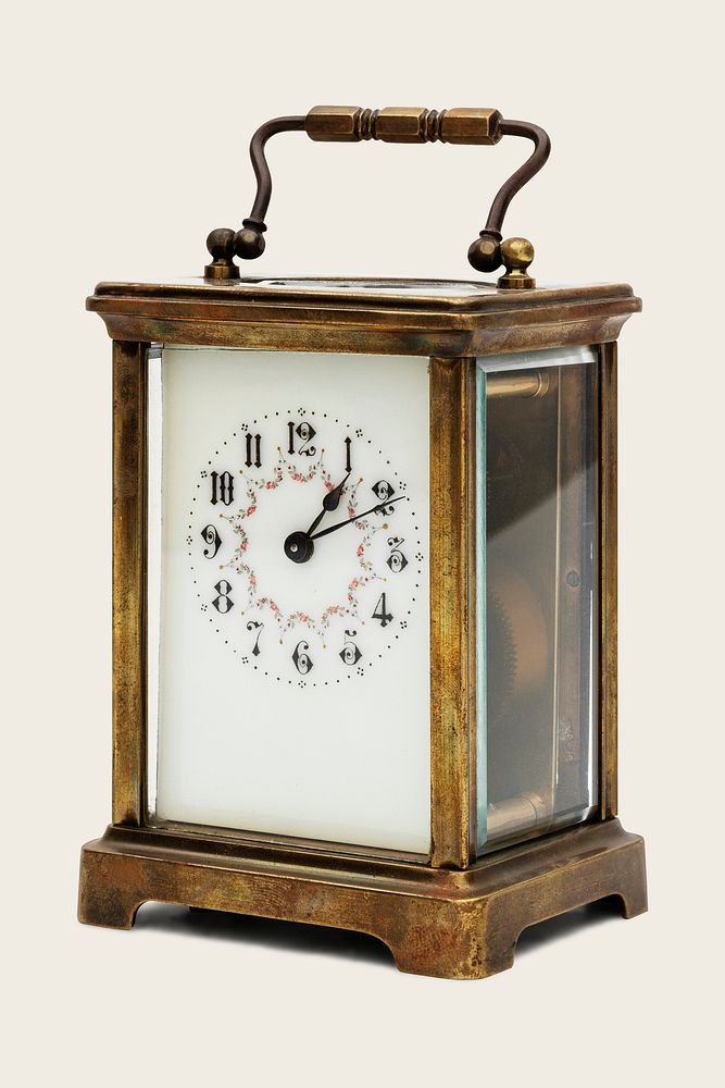 Vintage wooden clock with a handle mockup on an off white background