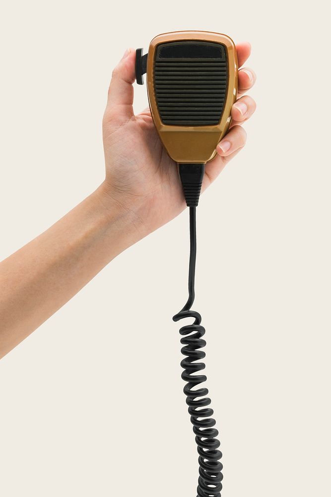 Man using a microphone walkie talkie mockup for broadcasting