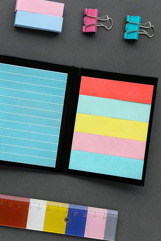 Set of colorful stationery on workspace