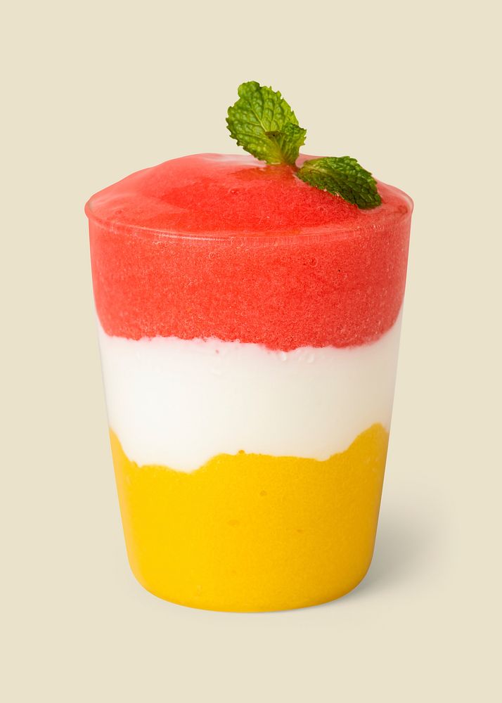 Layered berry yogurt and mango smoothie