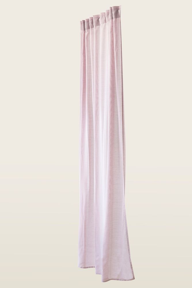 Pink drapery curtain hanging from a curtain rod
