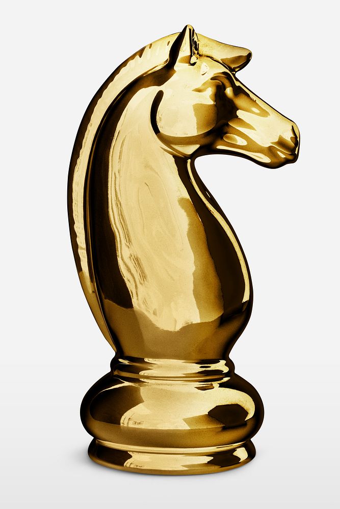 Gold knight chess piece on off white background