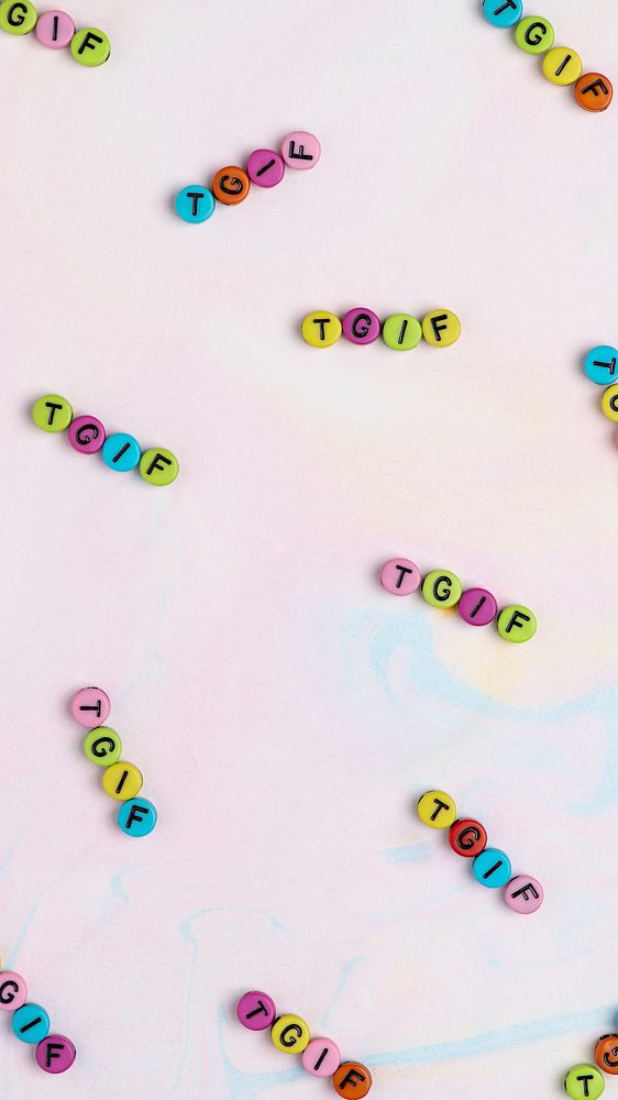 TGIF text letter beads pastel watercolor background