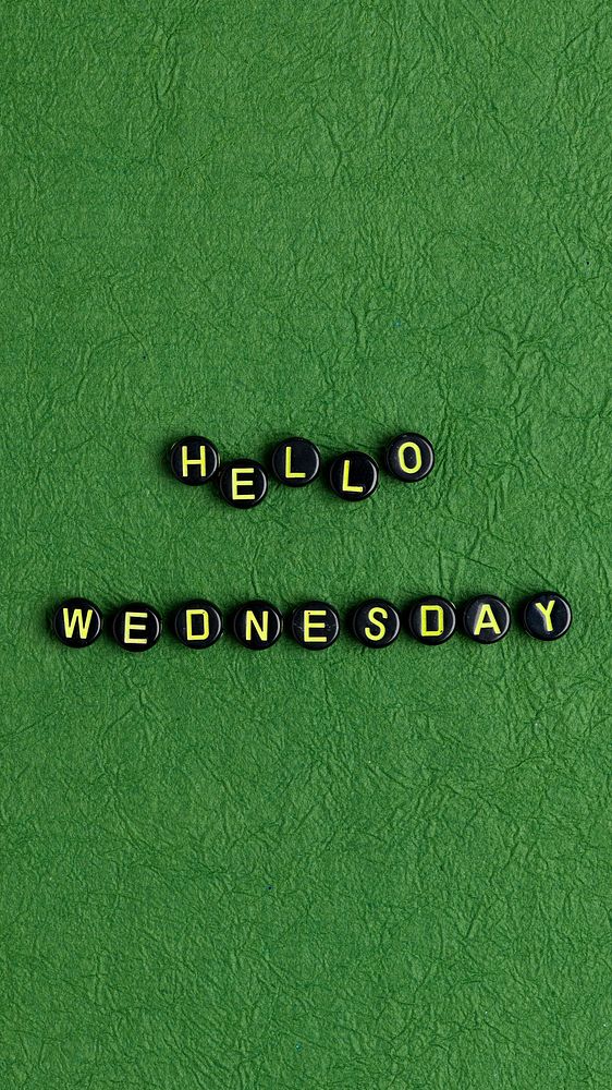 HELLO WEDNESDAY beads text typography on green