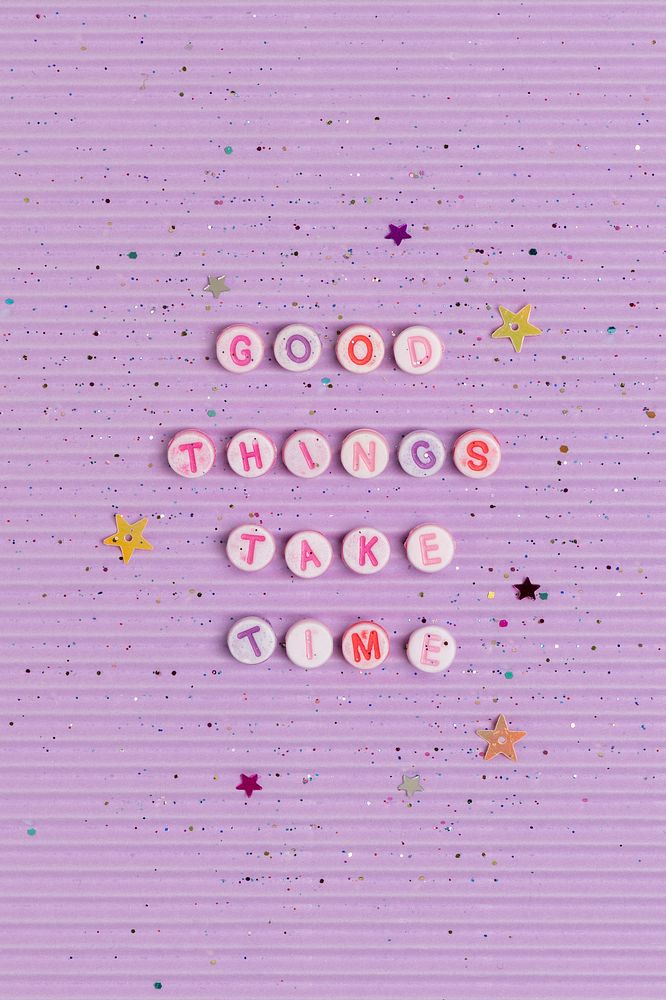 GOOD THINGS TAKE TIME beads word typography on purple