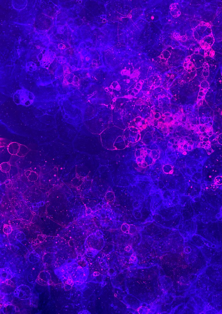 Neon pink and blue bubble art on purple background abstract style