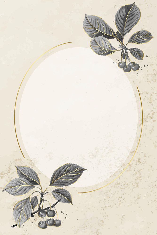 Hand drawn cherry pattern with oval gold frame vector