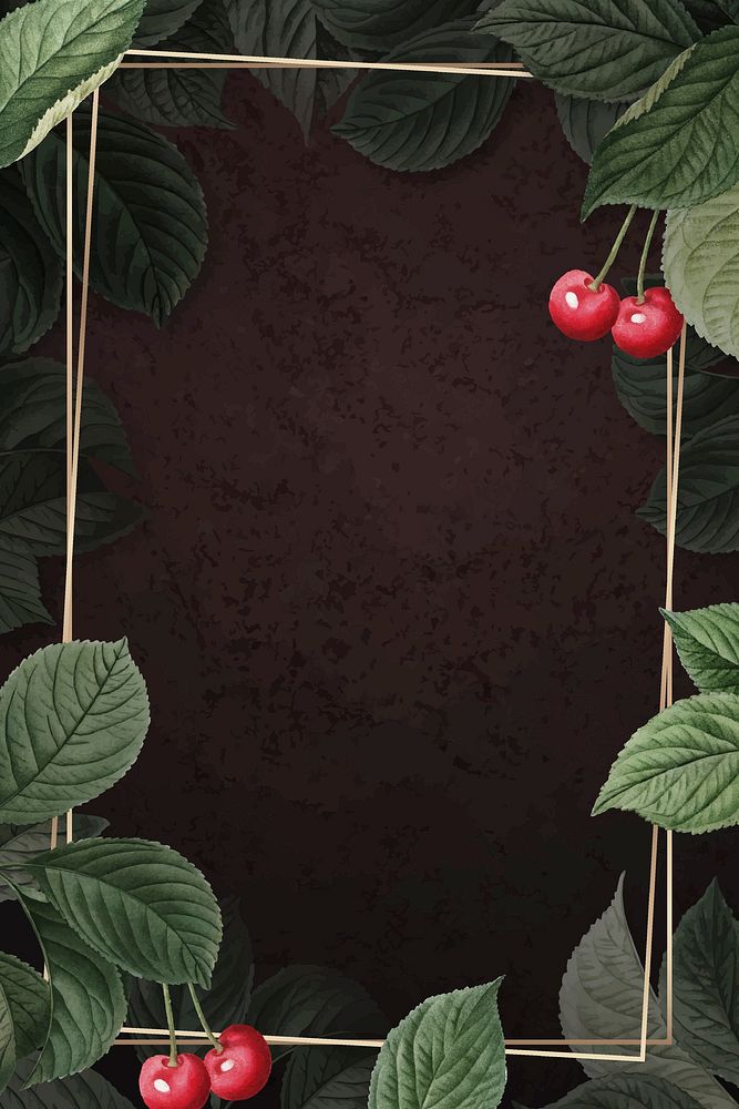 Hand drawn cherry pattern with rectangle gold frame vector