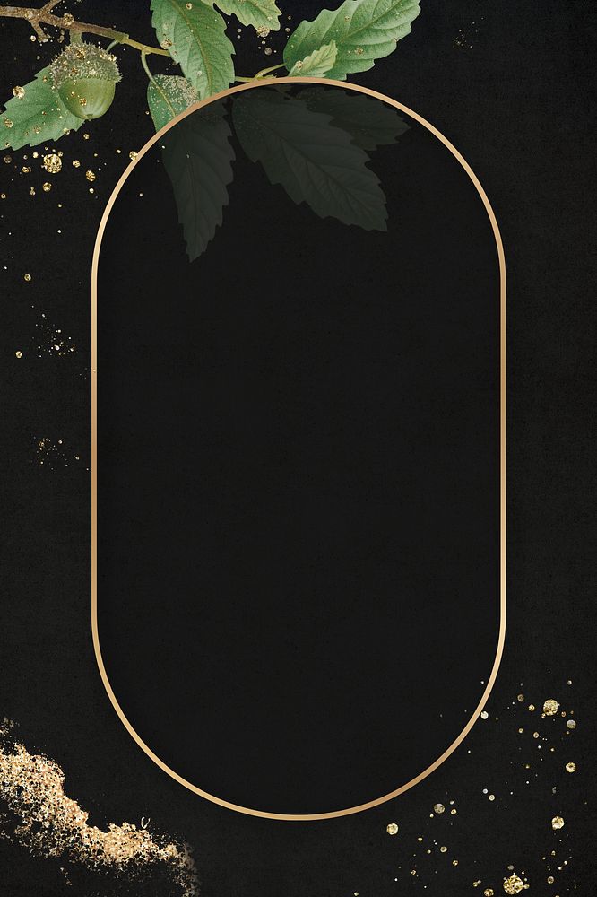 Hand drawn oak leaf pattern with oval gold frame on black background illustration