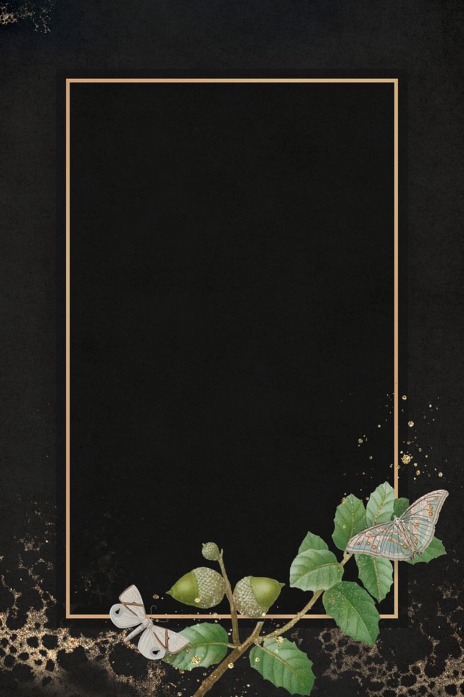Hand drawn oak leaf pattern with rectangle gold frame on black background illustration