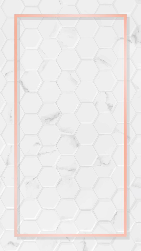 Rectangle pink gold frame on hexagon pattern white marble background vector