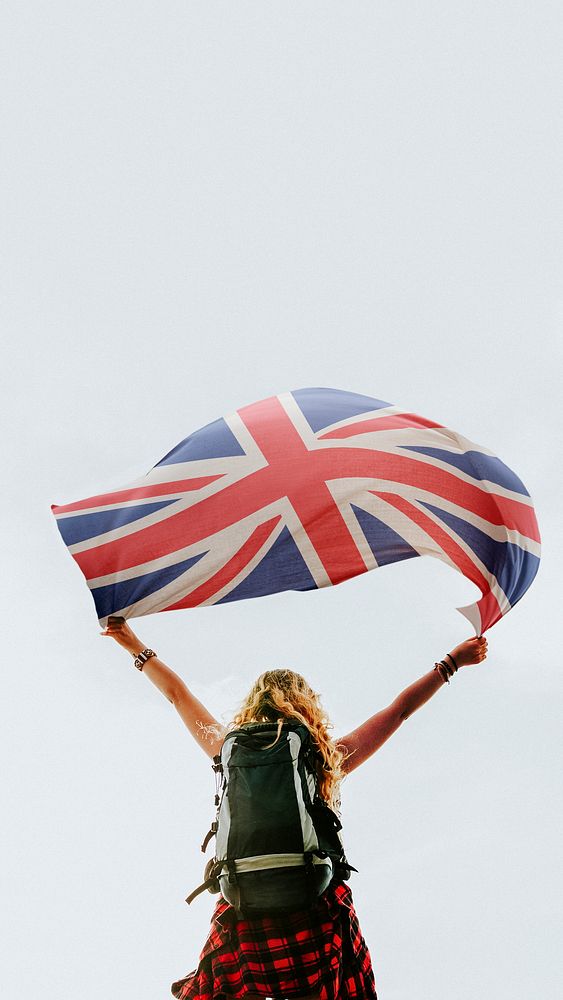 Woman holding Great Britians flag mobile wallpaper