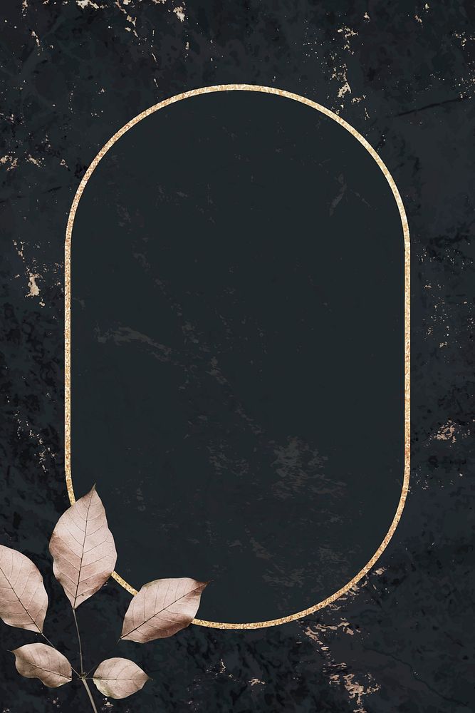 Oval gold frame with foliage pattern on a black marble background