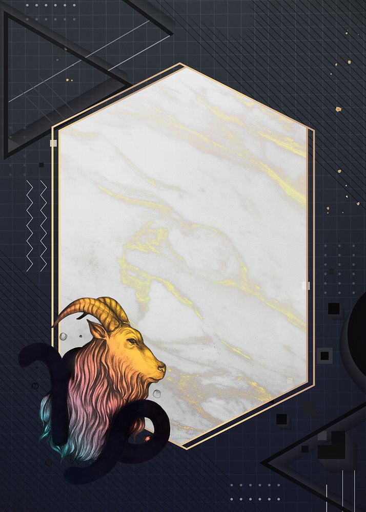 Colorful goat on a marble hexagon frame