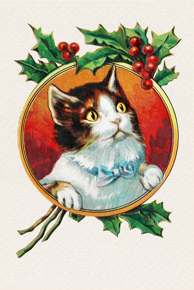 Cat in a gold frame Christmas sticker illustration