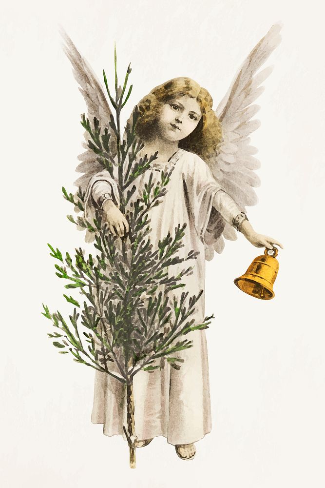 An angel holding a Christmas bell sticker vector